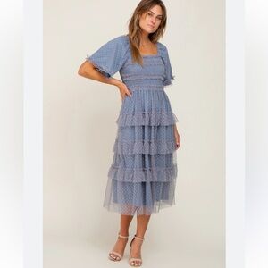 Polagram Dusty Blue Ruffle Tiered Midi Dress